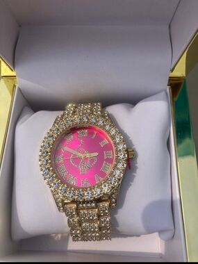 Baby Phat Watch Fushia Embellished Crystal W Pink Box with Gold Cat Logo